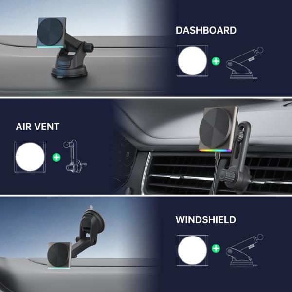 Rotation à 360 degrés Magsafe Car Mount Ultra-fin de conception Matériau métallique 9 couleurs RGB effet de lumière Chargement rapide