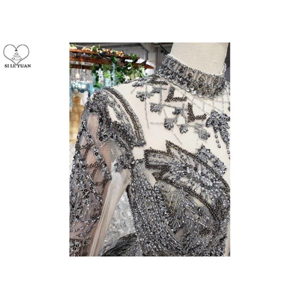 Backless Grey Tailor Made Prom Dresses , Long Sleeve Ball Gown Luxury Beading