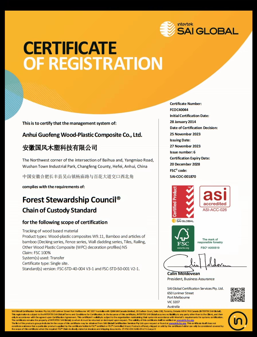 AnHui Guofeng Wood-Plastic Composite Co., Ltd Сертификации