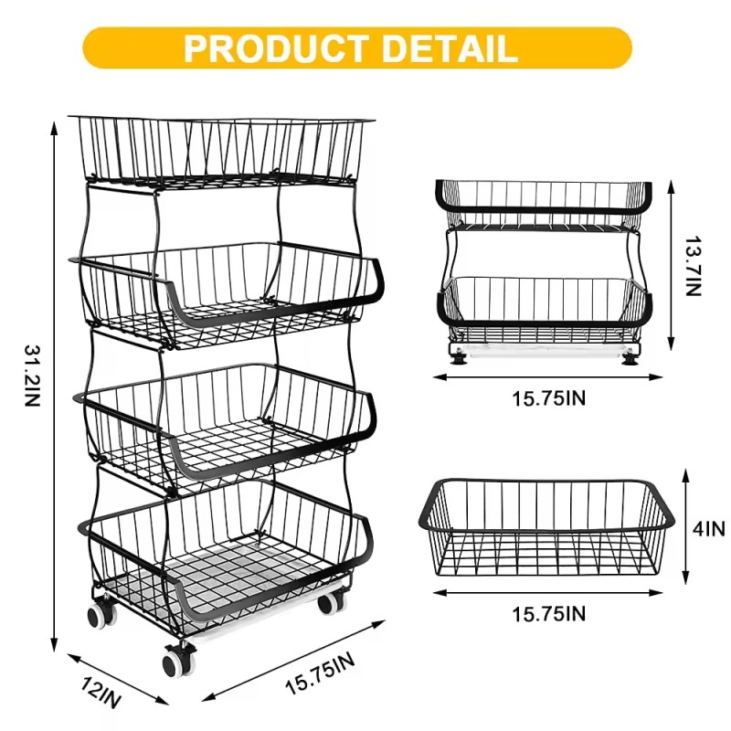 Large Capacity Removable 4 Tier Metal Basket Food Storage Rack Trolley with Non-Slip Feet for Fruit & Vegetable