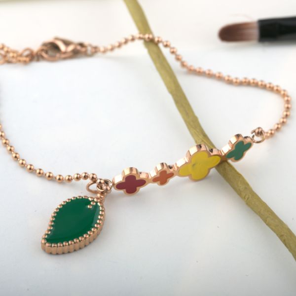 Colorful Four Leaf Clover Bangel, Stainless Steel Chain, Rose Gold Bracelet