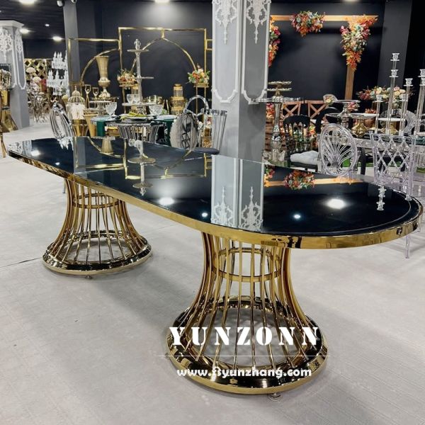 Factory Direct Wedding Decoration Table 8FT Long Wedding Banquet Oval Gold Stainless Steel Table Glass Table
