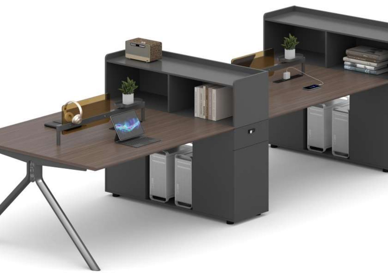 Double Workstation with Walnut Top and Storage Pedestals-Benches