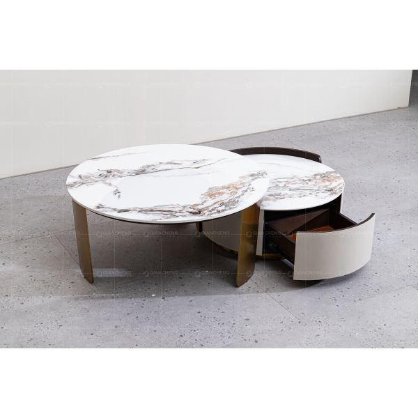 Round Nesting SS Coffee Table With Storage Marble Top Brushed Gold Set Of 2