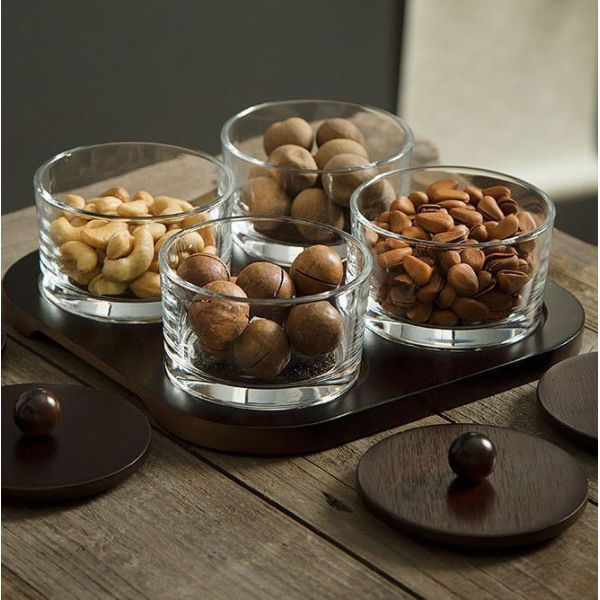 Container Set 4 Jars Glass Snack Container with Wooden Plate and Lid US