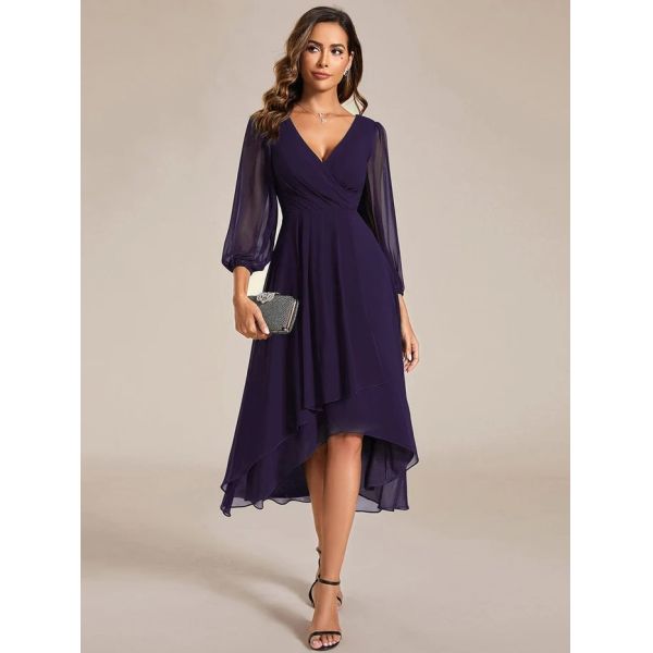Elegant Empire Long Sleeve V-neck High Low A-line Ruffled Midi Dark Purple Chiffon Wedding Guest Cocktail Dress