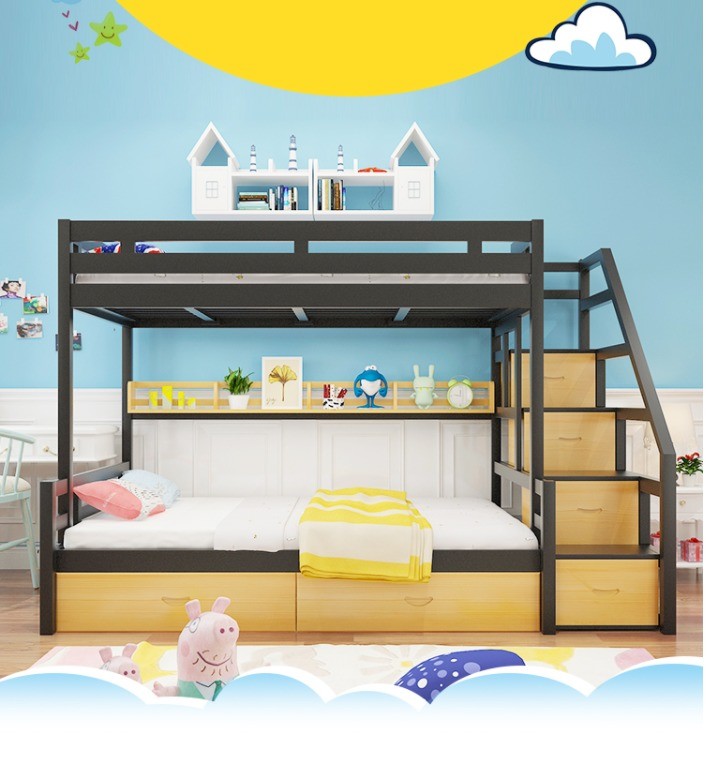 School Furniture Metal Single Wooden Child Plywood Loft Bed with Stairs and Drawers