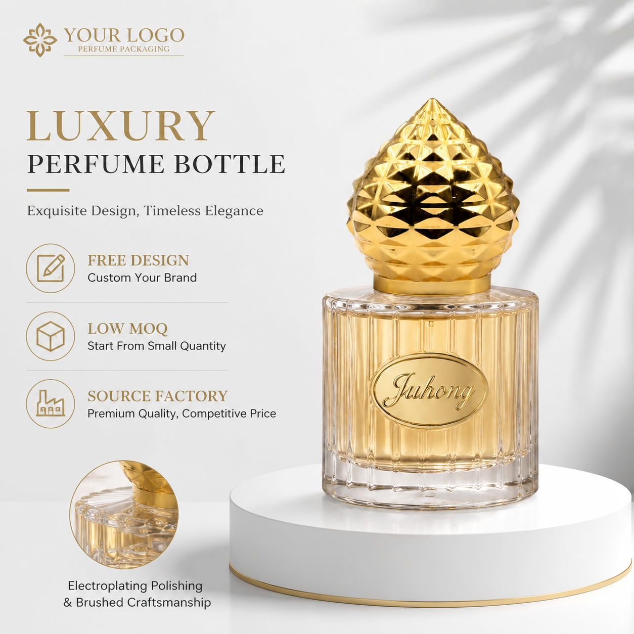 Luxury Diamond Cut Gold Zamac Perfume Cap, Crown Shape Closure for FEA15 Perfume Bottle
