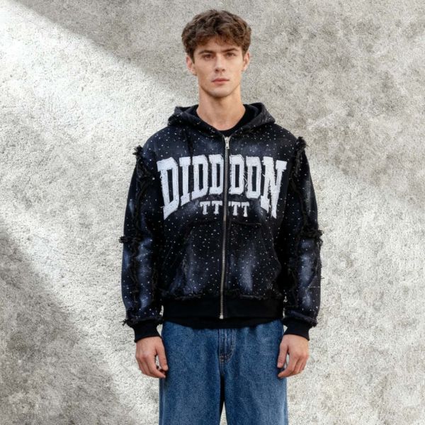 OEM&ODM Wholesale Custom High Quality Heavyweight Men's Hoodie Applique Embroidered Rhinestone Acid Wash Fashion Zip up Hoodie