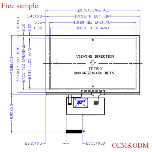 40 Pin 800x480 Industrial Touch Screen Display 5 Inch LCD Touch Panel