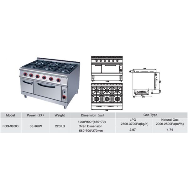 Commercial 6 Burners Gas Oven Range Stove 220KG Capacity and Voltage V LPG2800PA