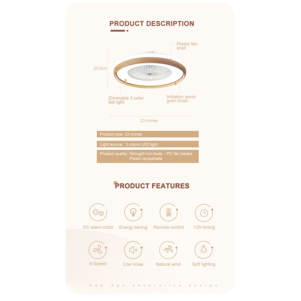 Ventilador de teto LED de design moderno de 23 polegadas com motor DC e controle remoto