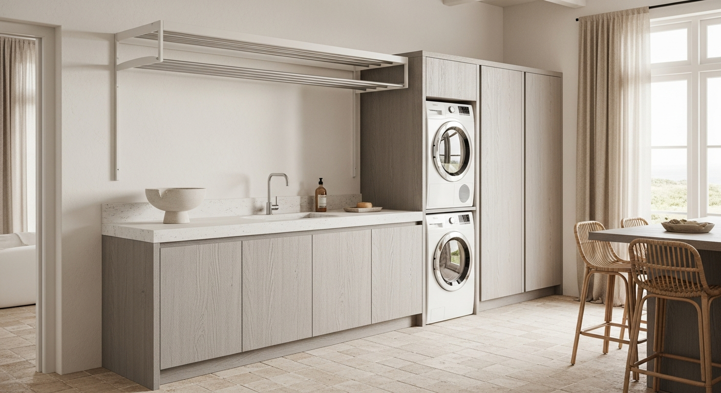 Whitewashed Ash Laundry Cabinet with Drying Rack in 304 Stainless Steel