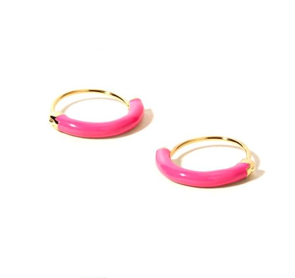 925 Sterling Silver EARRINGS 18MM Dia Hoops with Hot Pink Enamel and 18K Gold Plating