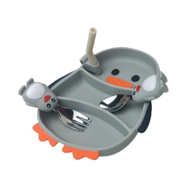 OEM Silicone Baby Feeding Set Penguin Shape Food Grade With Spoon