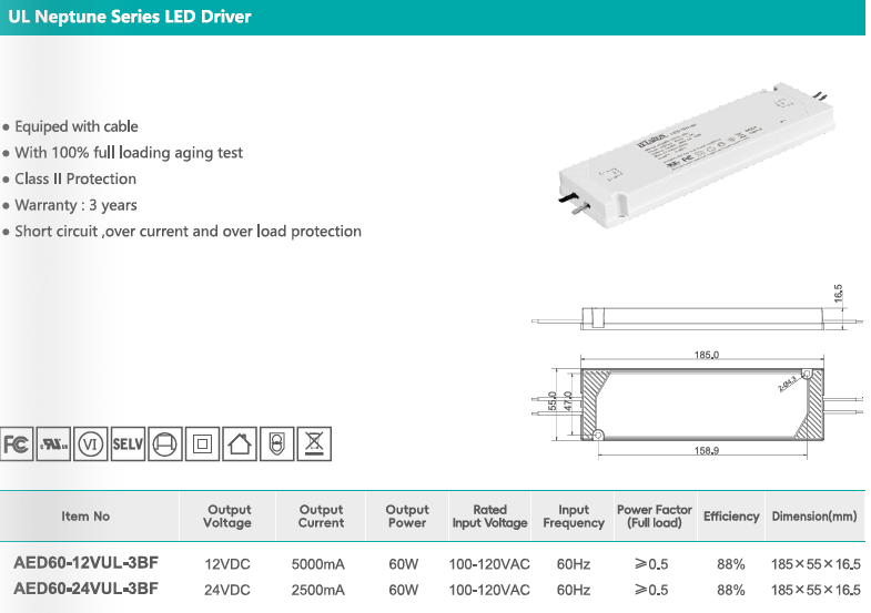 High Efficiency 60W UL LED Driver for Bathroom & Under Cabinet Lighting Fixtures