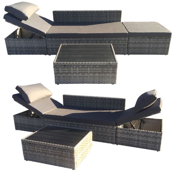 Wholesale Factory Delivery Made in China Outdoor Furniture Rattan Multi Function Sofa Set Wicker Chaise Lounge With Coffee Table