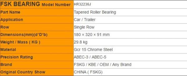 HR 32236 J 7536E Tapered Roller Bearing Trailer Bearings Heavy - Duty 180 × 320 × 91 Mm