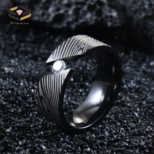 Men'S Titanium Rings Laser Damascus Steel Wood Grain Cubic Zirconia Inlayed