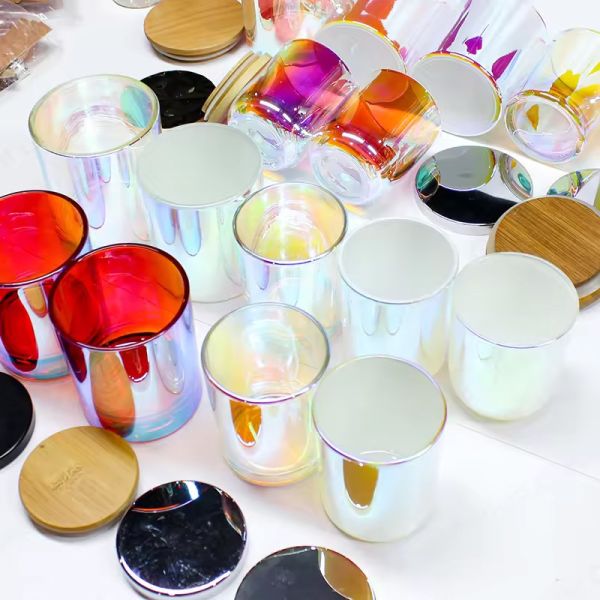 Unique White Frosted Custom Small Double Wall Amber Empty Glass Luxury Iridescent Candle Vessel