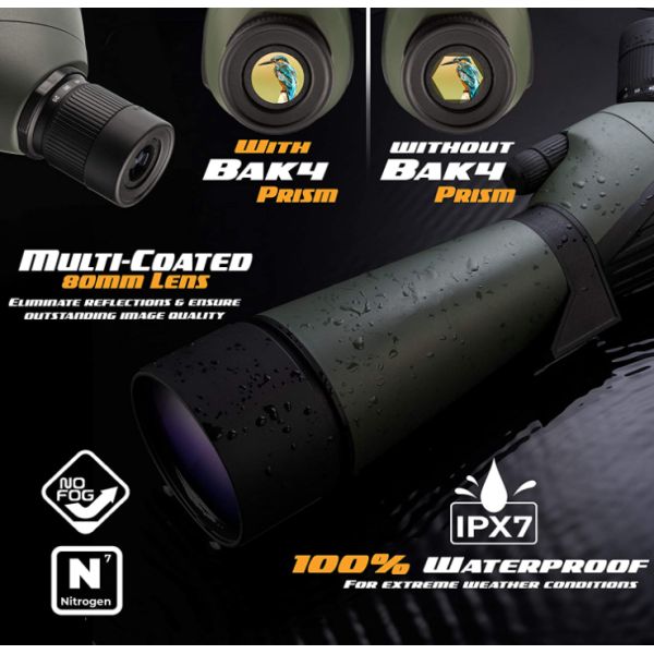 Tripod BAK4 20-60x80 Spotting Scope With Carrying Bag And Smartphone Adapter