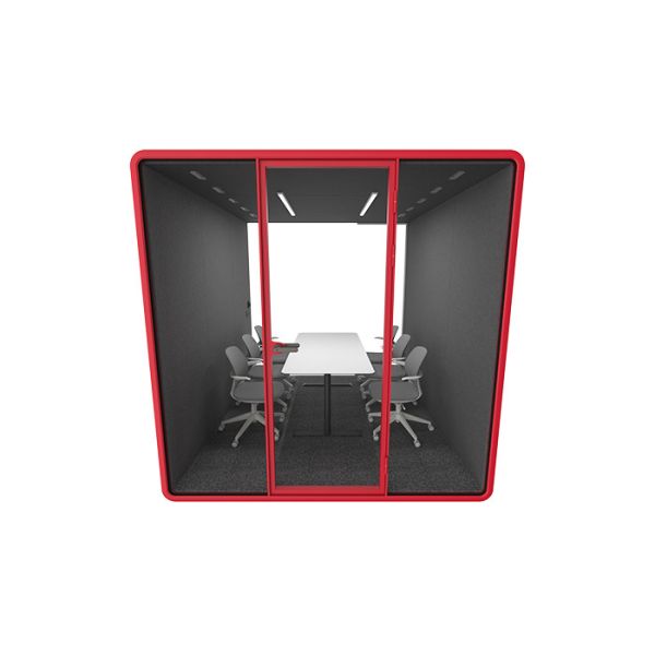 A modular soundproof office pod with 4-6 person capacity, laminated glass, and high-efficiency sound insulation for a quiet workspace