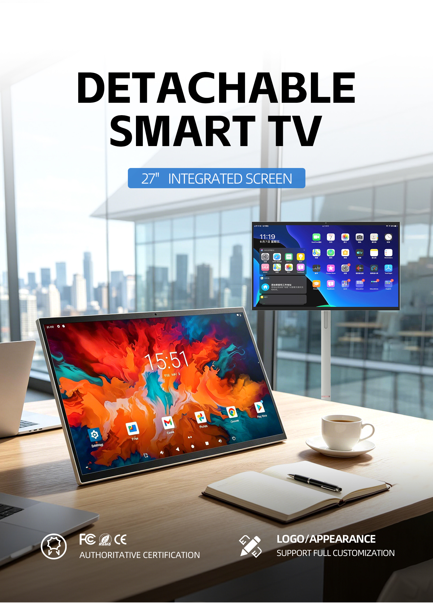 VETO Wholesale 27 Inches Detachable Digital Tv Tablet with Built-in 13MP Camera  Wireless Rolling Smart Tv