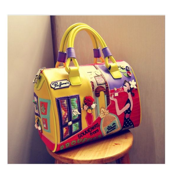 Europe and selling women's handbags shoulder diagonal cartoon character embroidery Boston Messenger Bag