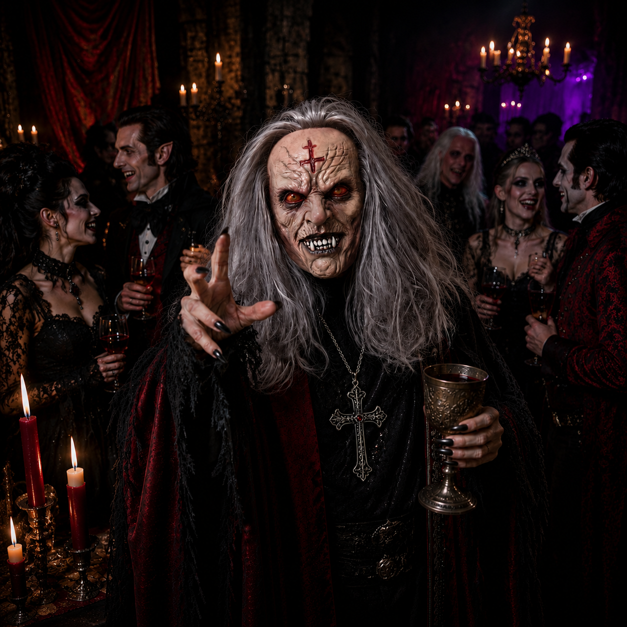 Scary Demonic Elder Zombie Latex Full Head Mask with Gray Hair Wrinkled Rotting Skin Red Glowing Eyes Sharp Horror Teeth Realistic Horror Costume Prop for Halloween Cosplay Party Haunted House