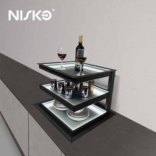 Estantes de botellas de vino con elevación táctil inteligente incorporada, cestas de almacenamiento ocultas en la cocina