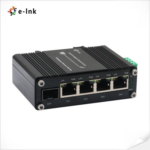 Mini Industrial 4-Port 10/100/1000T 802.3at PoE + 1-Port 100/1000X SFP Ethernet Switch with 12~48VDC Input and Voltage Booster