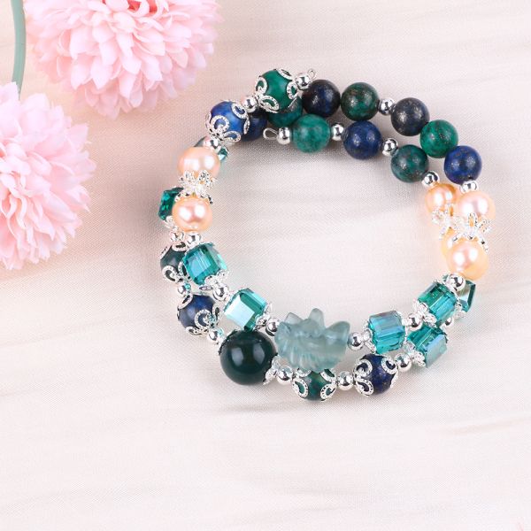Unicorn Carving Adjustable 2 Layer Azurite Stone Crystal Bracelet