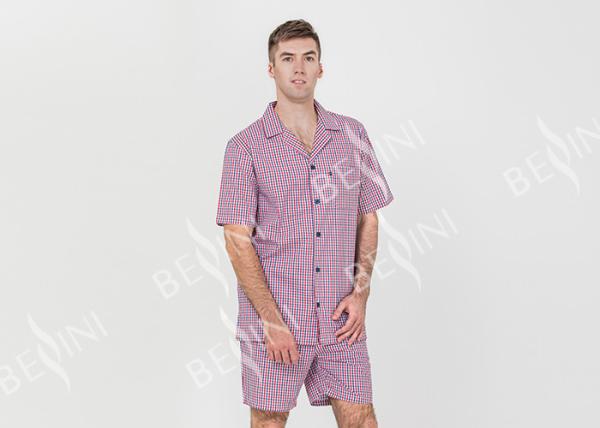 Cool Mens Button Up Pyjamas Woven Cotton Yarn Dyed Check Short Sleeve Shirt