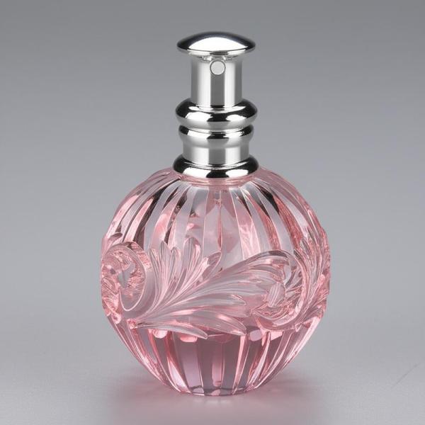 Botella de perfume de cristal rosa de 6 ml con diseño grabado