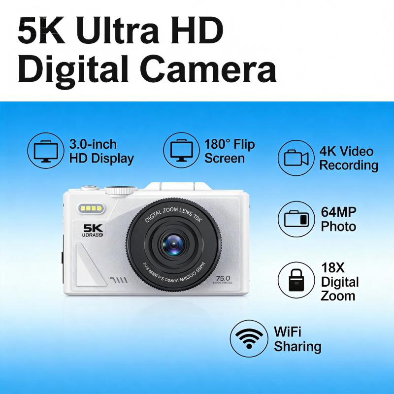 DLC W1 Vlogging Camera 5K 64MP Digital Camera with 180° Flip Screen 18X Zoom Slow Motion Time Lapse for Content Creators