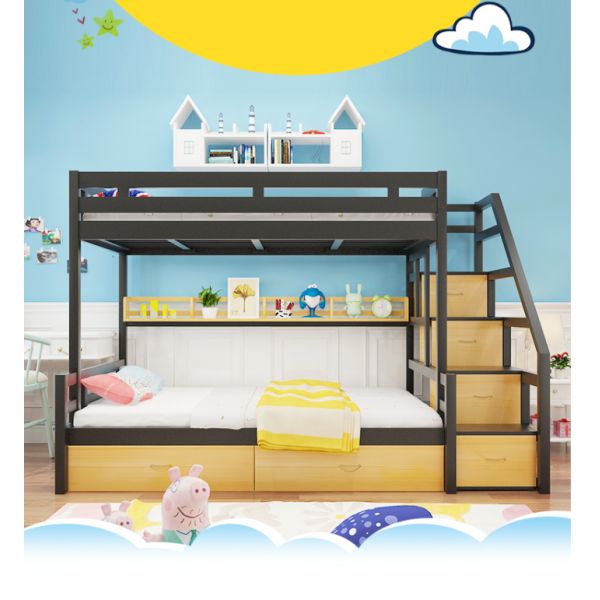 School Furniture Metal Single Wooden Child Plywood Loft Bed with Stairs and Drawers