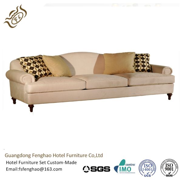 Classical Wood Beige Fabric Hotel Room Sofa Natural Timber Wood