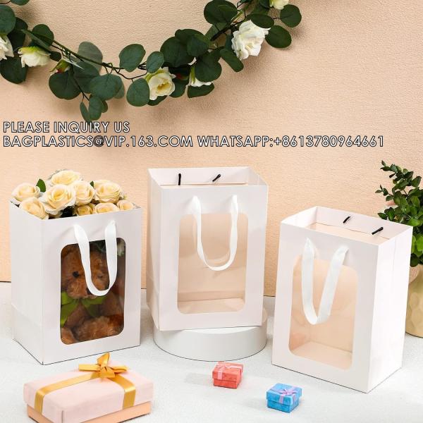 Paper Gift Bags With Clear Window Flower Bouquet Bags for Present Bridal Shower Festivals Party (White)