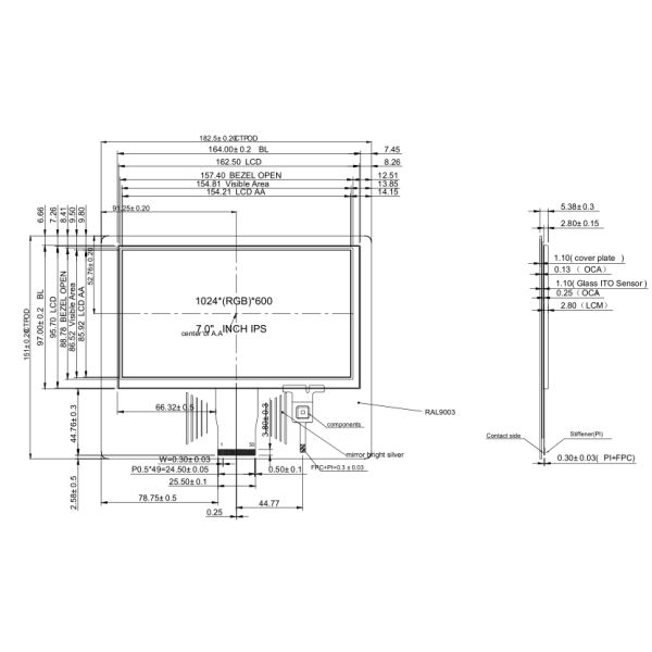 1024x600 ставит точки угол наблюдения 7 IPS штырей касания 50 модуля дюйма TFT LCD полный