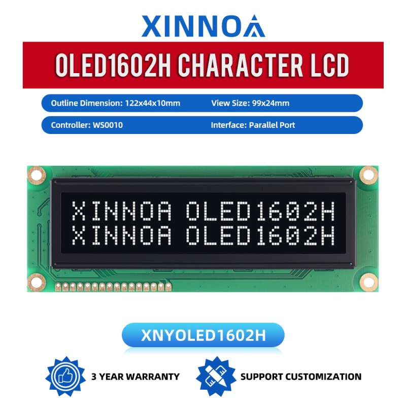 OLED1602H Black Film, 16×2 Character LCD Module,WS0010 Controller, Parallel Port Interface, 99x24mm View Size,Working Temperature -40+80 Display
