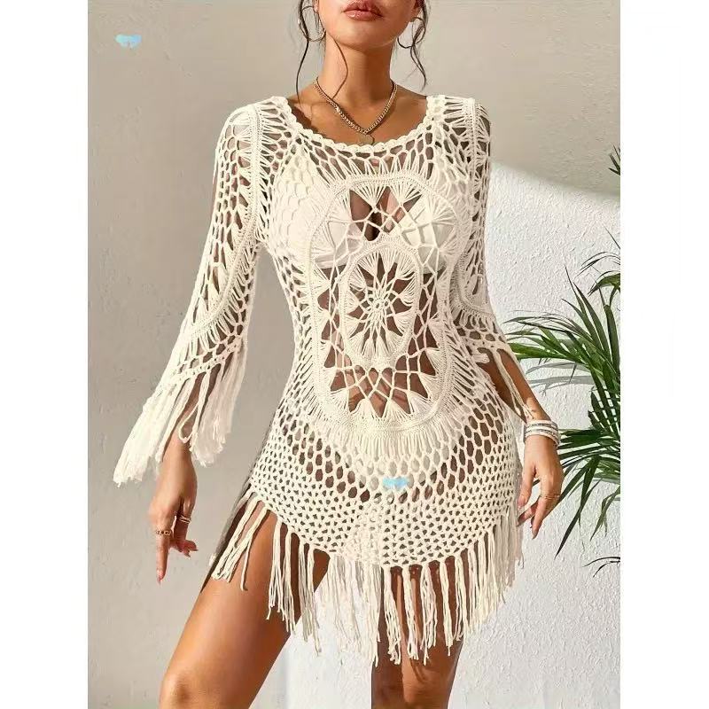 Handmade Crochet Craft Women's T-shirt with Sexy Sheer Cutouts and Versatile Beach Cover-Up Design