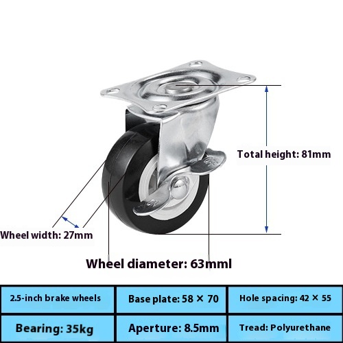 Factory Direct 1.25inch Black PVC Universal Wheel Caster Light Brake Steering for Living Room Furniture