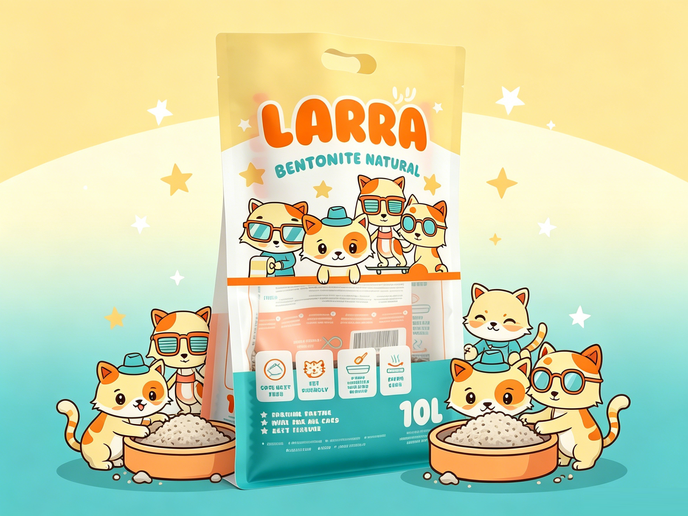 Colorful Cartoon Eight Side Seal Cat Litter Bag With Handle & Window | Custom Printed 10L Bentonite Cat Litter Flat Bottom Zipper Packaging Pouch