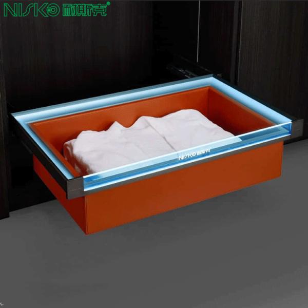 Leather Finish Wardrobe Accessory Tray Pull Out Soft Close With LED Light