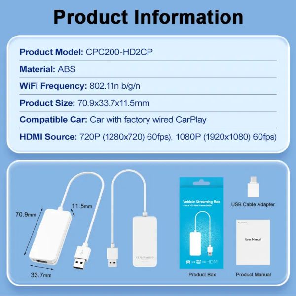 HD2CP Orginal Wired Carplay Upgrade HDMI Video Input Conversion Box 1080P Car TV Mate Adapter Stream Carplay