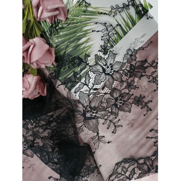 Черная флористическая облегченная французская ткань шнурка Chantilly