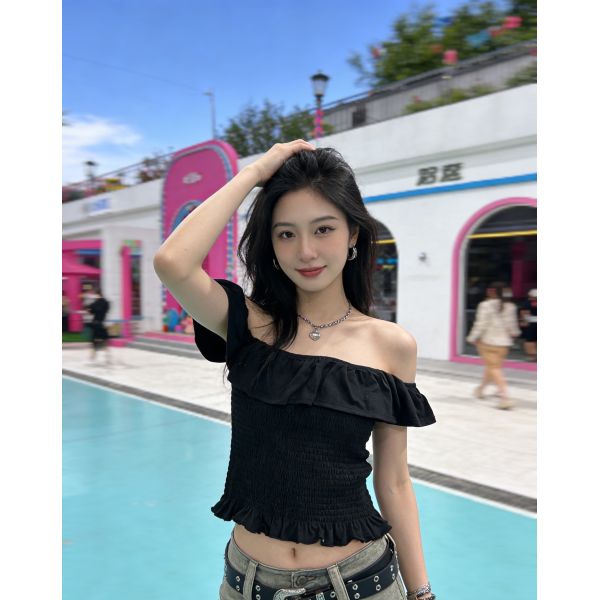 Summer Off-the-Shoulder Smocked Crop Top - Ruffle Trim in Burgundy, Yellow, Black & White