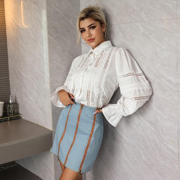 Longn Sleeved pescoço alto partes superiores altas brancas chiques alargadas do laço de Waisted da blusa com o colar do suporte para mulheres