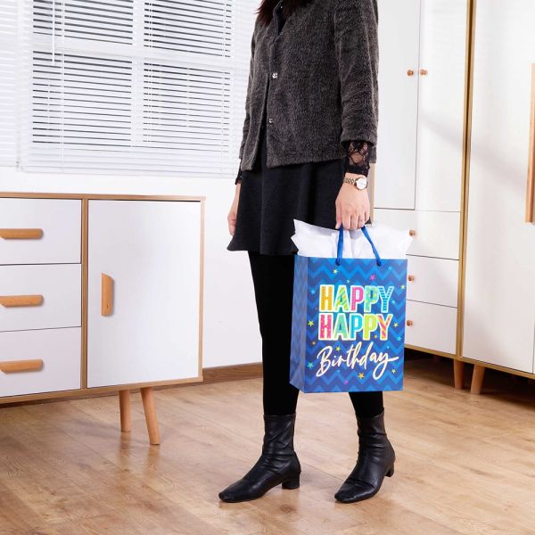 Customized Logo Handmade Blue Shopping Tote Art Gift Paper Bags for Birthday Party