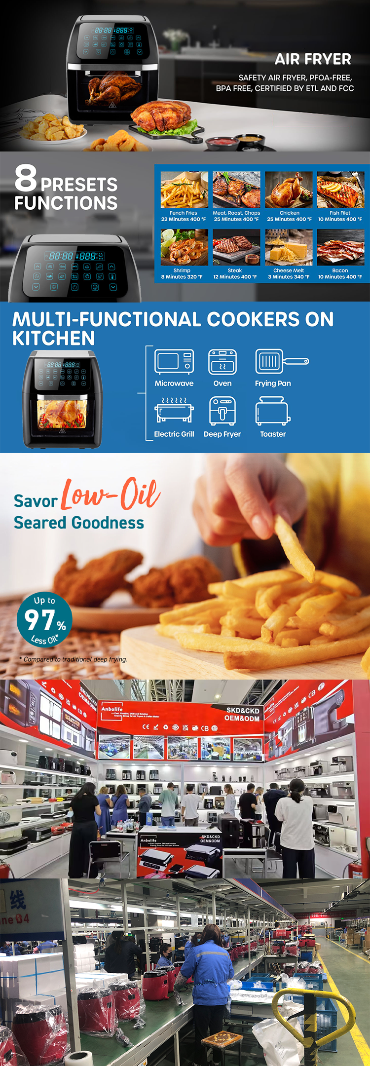 12L Oil Free Digital Air Fryer Oven 1800W 9 Presets LED Touch